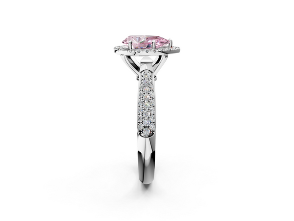 Platinum Fancy Pink Pear  Cut Halo Pave Band Four-Prong Setting Ring