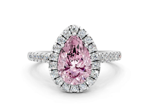 Platinum Fancy Pink Pear Cut Halo Pave Diamond Engagement Ring with Four-Prong Setting