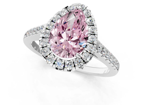 Platinum Fancy Pink Pear Cut Halo Pave Diamond Engagement Ring with Four-Prong Setting