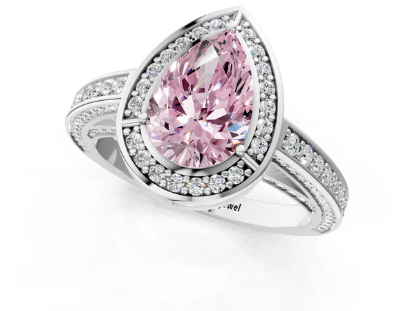 Platinum Fancy Pink Pear  Cut Halo Pave Split Shank Prong Setting Ring