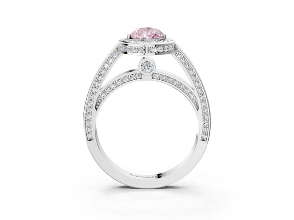 Platinum Fancy Pink Pear  Cut Halo Pave Split Shank Prong Setting Ring