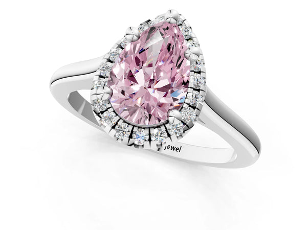 Platinum Fancy Pink Pear Cut Halo Round Diamond Solitaire Engagement Ring with Pave Band and Four-Prong Setting