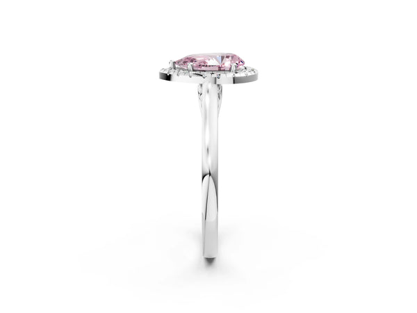 White gold Fancy Pink Pear Cut Halo Round Diamond Solitaire Ring with Pavé Band and Four-Prong Setting