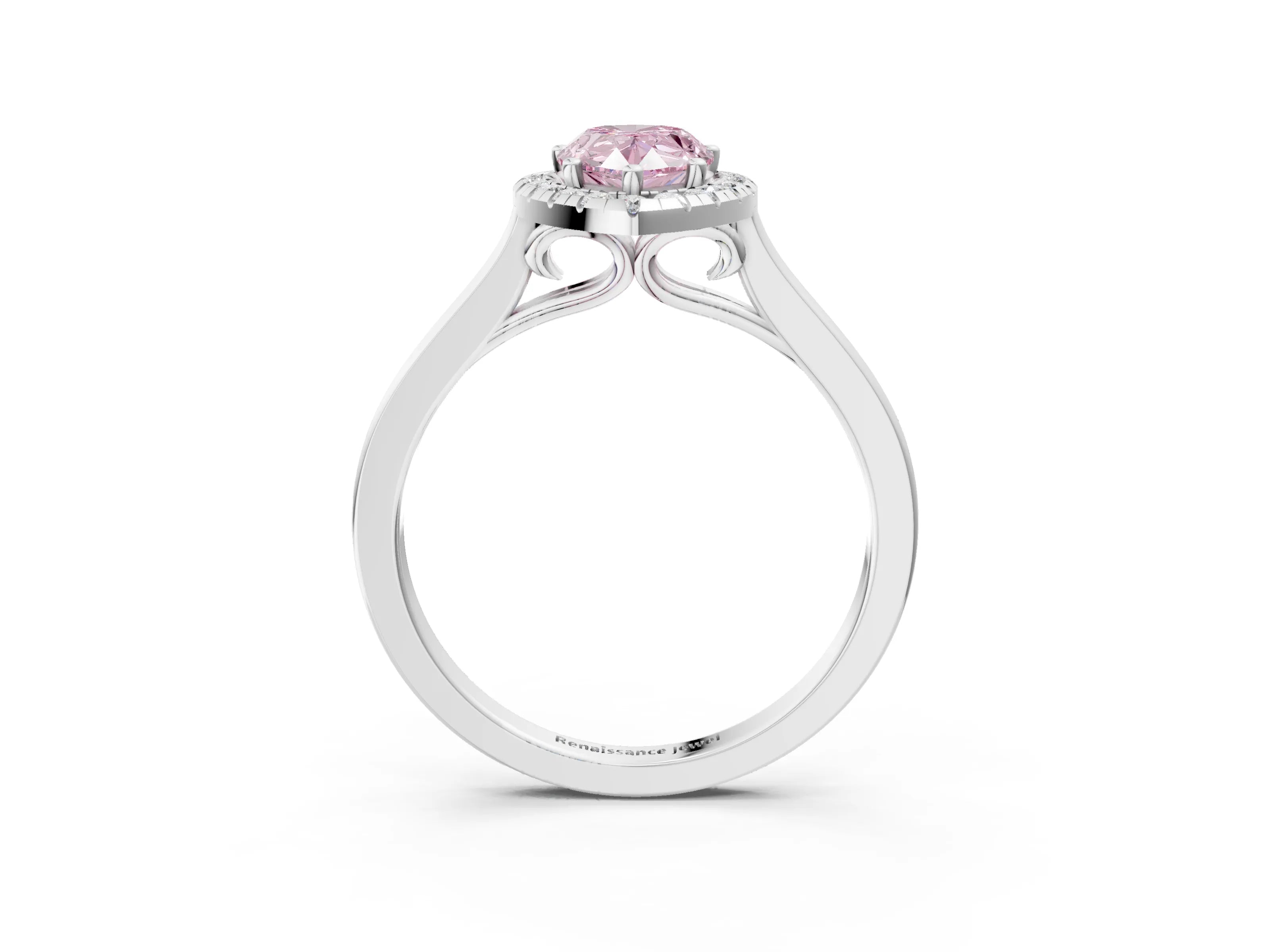 White gold Fancy Pink Pear Cut Halo Round Diamond Solitaire Ring with Pavé Band and Four-Prong Setting_15
