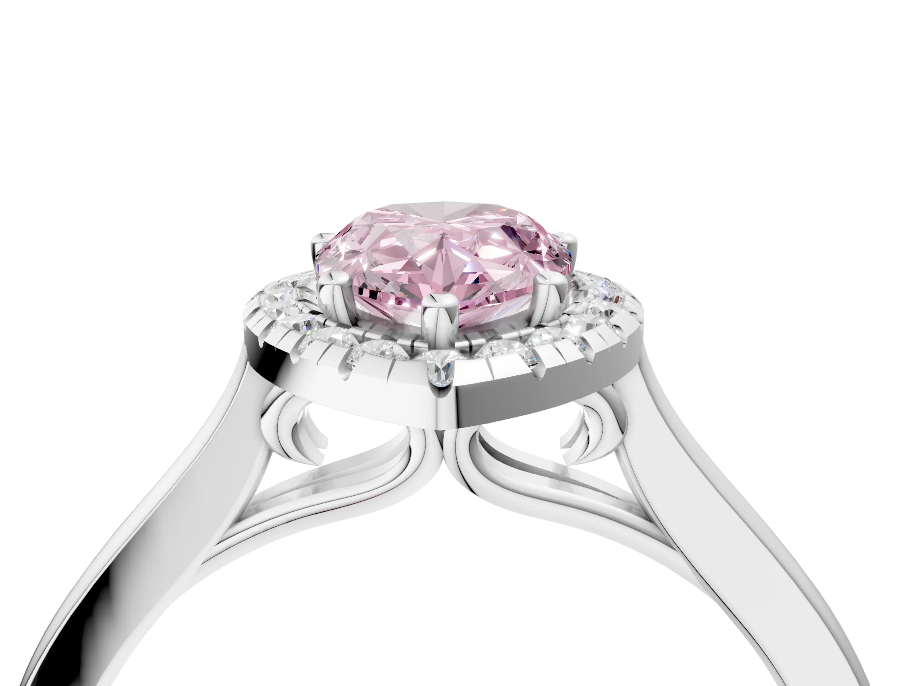White gold Fancy Pink Pear Cut Halo Round Diamond Solitaire Ring with Pavé Band and Four-Prong Setting_16