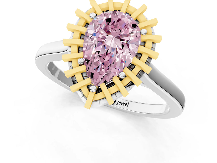 White gold Fancy Pink Pear Cut Halo Round Diamond Solitaire Ring with Pavé Band and Four-Prong Setting
