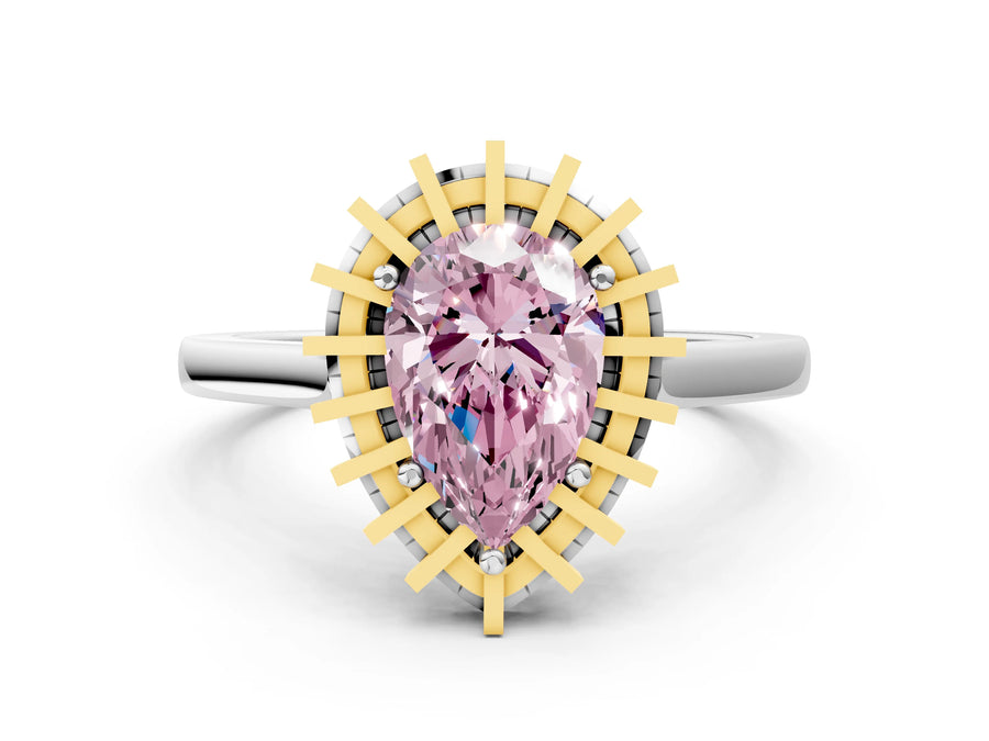 White gold Fancy Pink Pear Cut Halo Round Diamond Solitaire Ring with Pavé Band and Four-Prong Setting