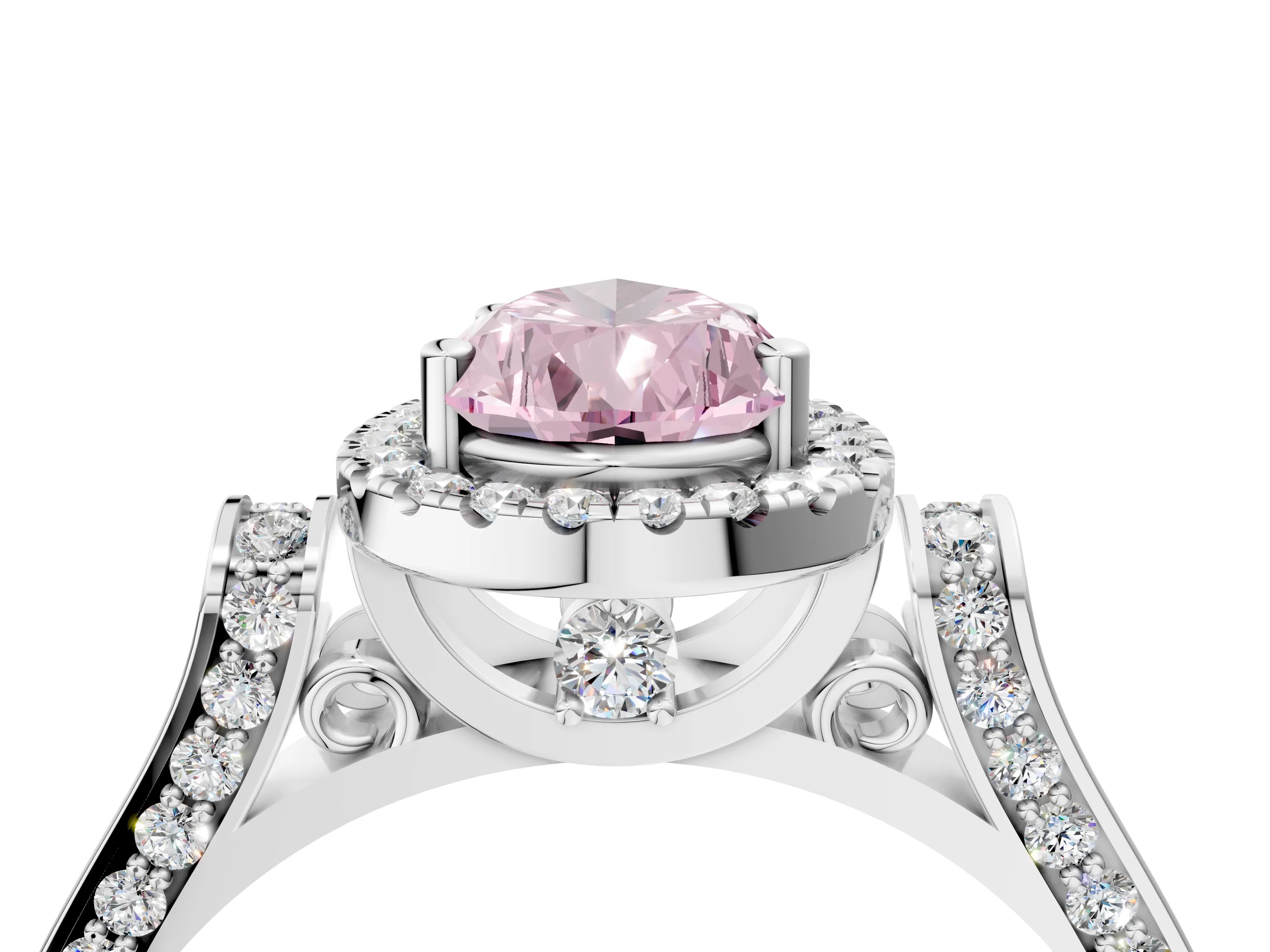 White gold Fancy Pink Pear Cut Halo Round Diamond Twist Band with Four-Prong Setting_16