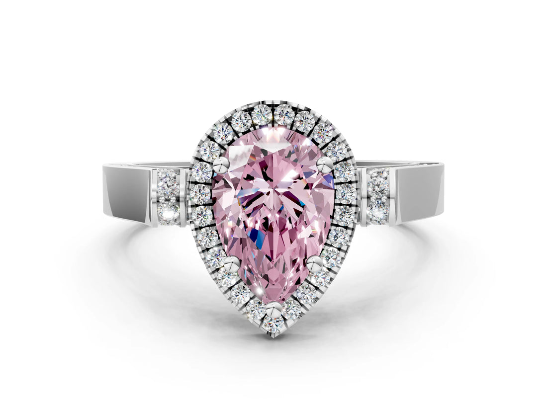 White gold Fancy Pink Pear Cut Halo Round Diamond Twist Band with Four-Prong Setting_24