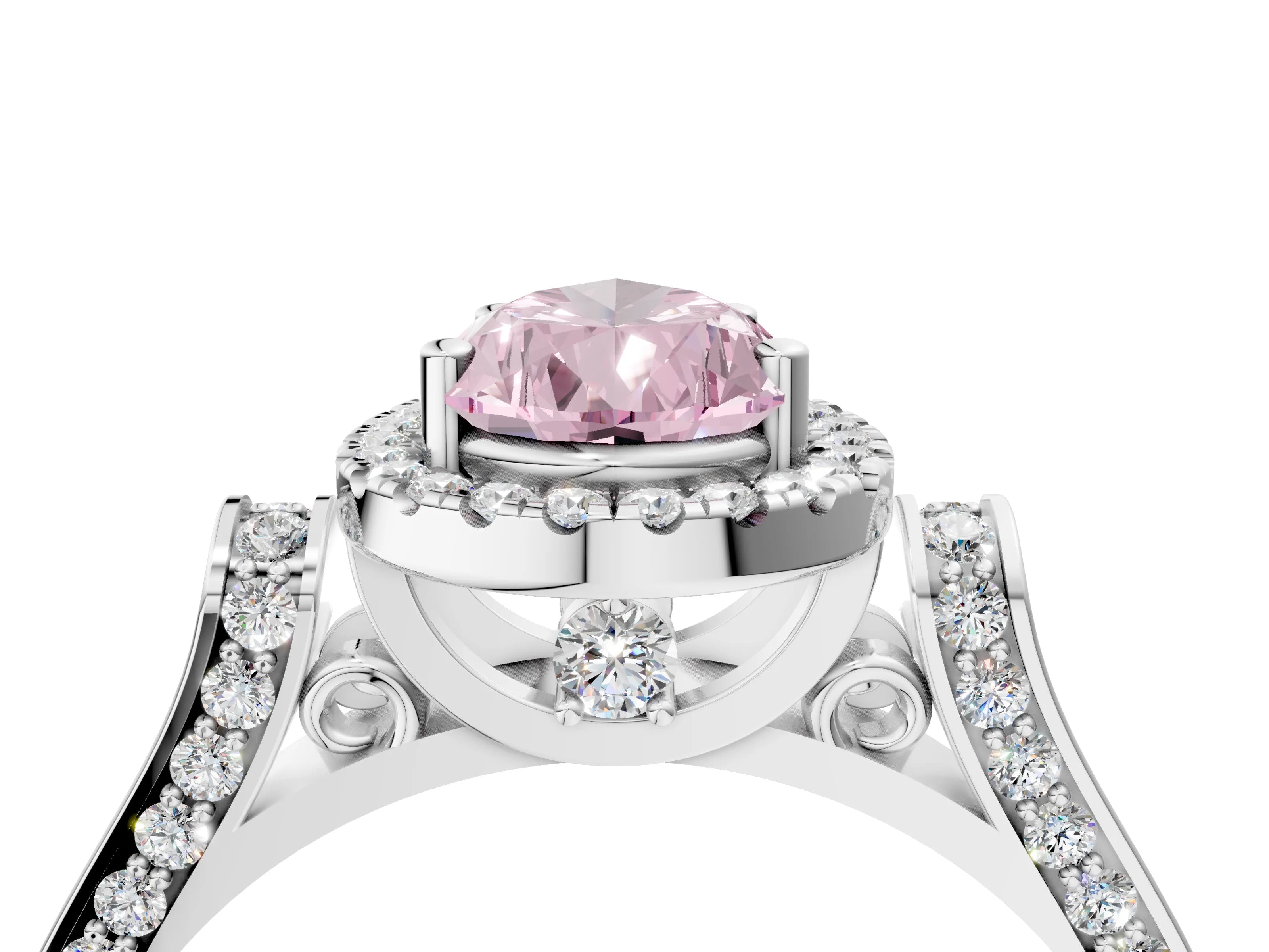 White gold Fancy Pink Pear Cut Halo Round Diamond Twist Band with Four-Prong Setting_4