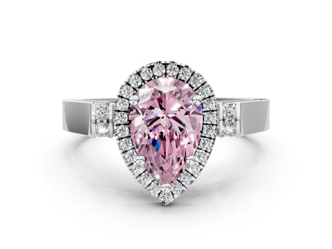 White gold Fancy Pink Pear Cut Halo Round Diamond Twist Band with Four-Prong Setting
