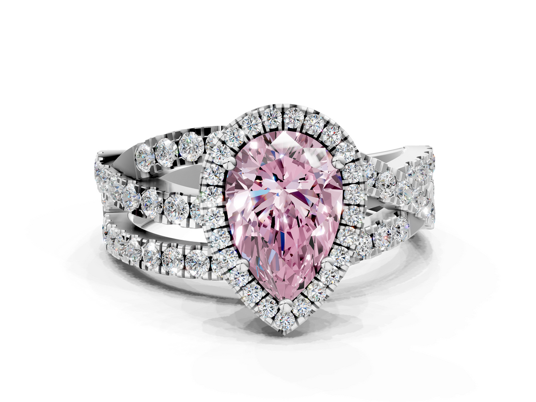 White gold Fancy Pink Pear  Cut Halo Split Shank Prong Setting Ring_58