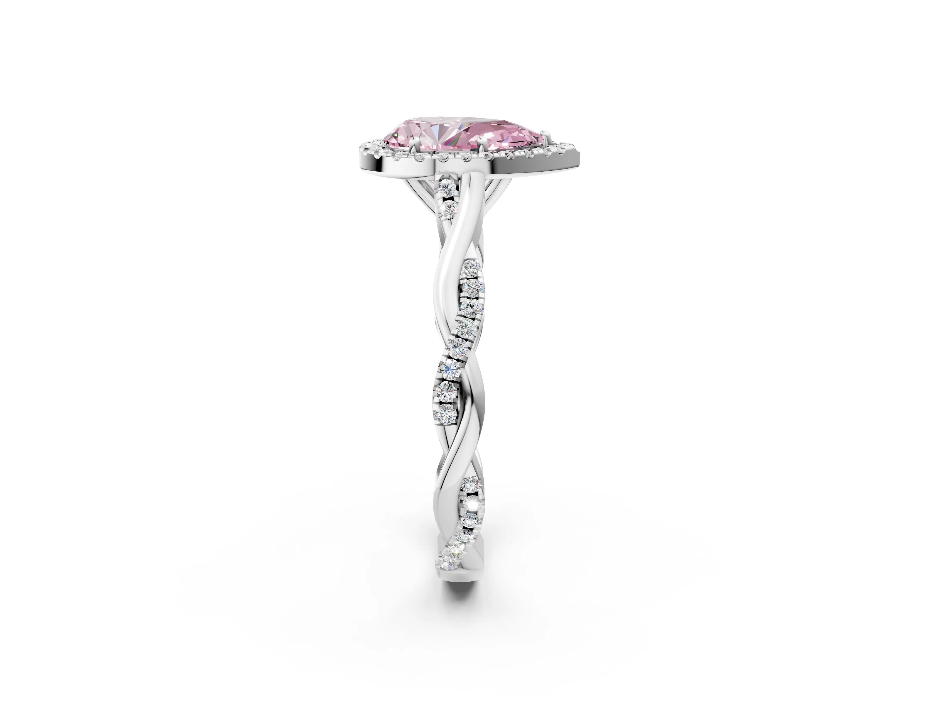 White gold Fancy Pink Pear Cut Halo Twist Band with Four-Prong Setting_86