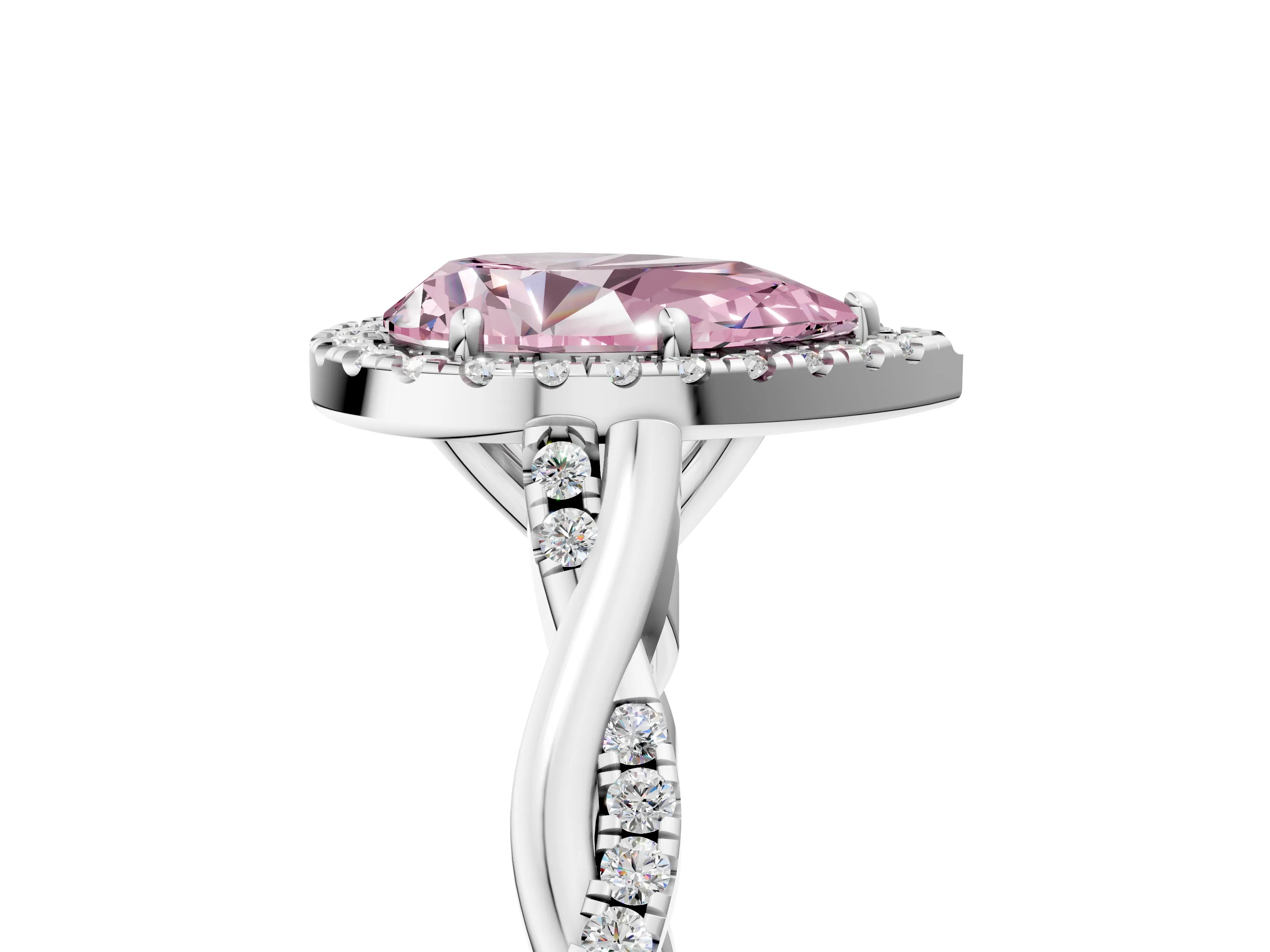 White gold Fancy Pink Pear Cut Halo Twist Band with Four-Prong Setting_89