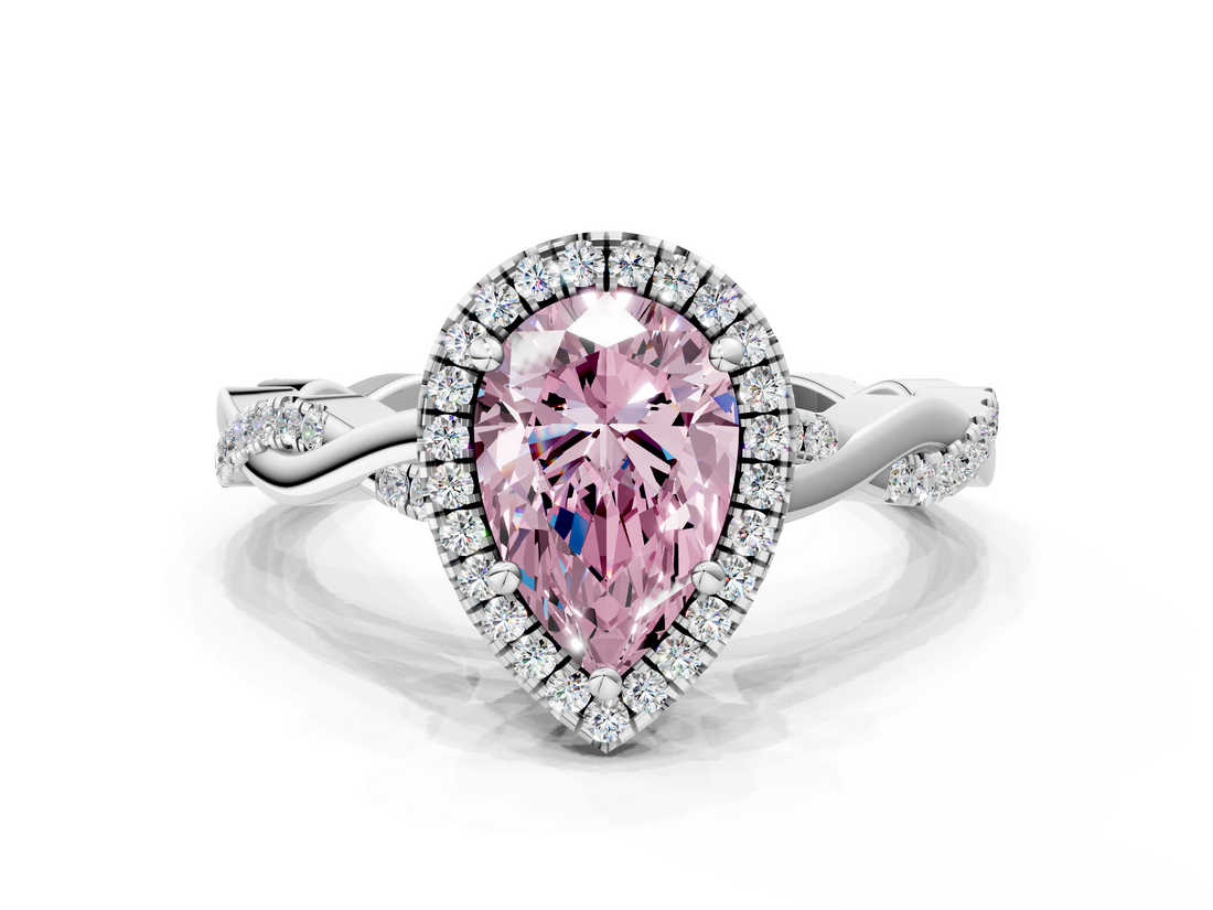 White gold Fancy Pink Pear  Cut Halo Twisted Band Four-Prong Ring_20