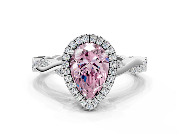 White gold Fancy Pink Pear  Cut Halo Twisted Band Four-Prong Ring