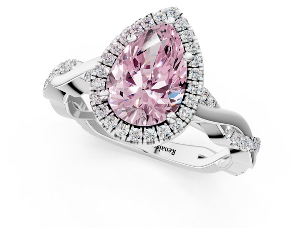 White gold Fancy Pink Pear  Cut Halo Twisted Band Four-Prong Ring