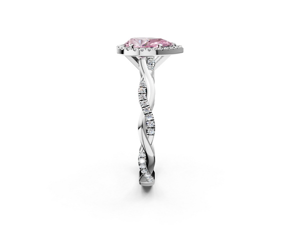 White gold Fancy Pink Pear  Cut Halo Twisted Band Four-Prong Ring