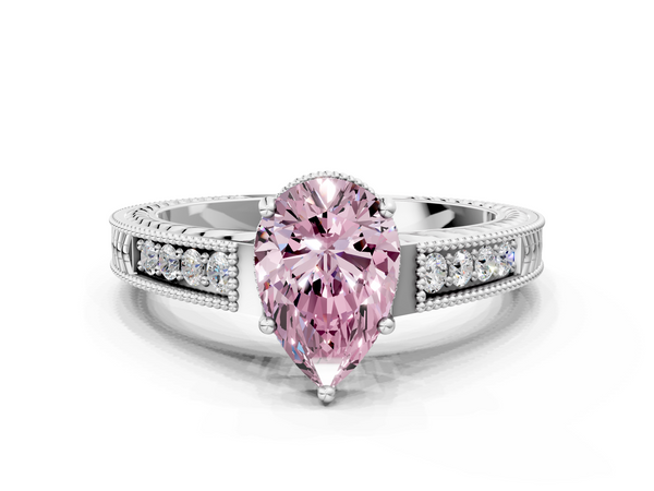 White gold Fancy Pink Pear Cut Diamond Engagement Ring with Milgrain Channel Set Band and Prong Setting