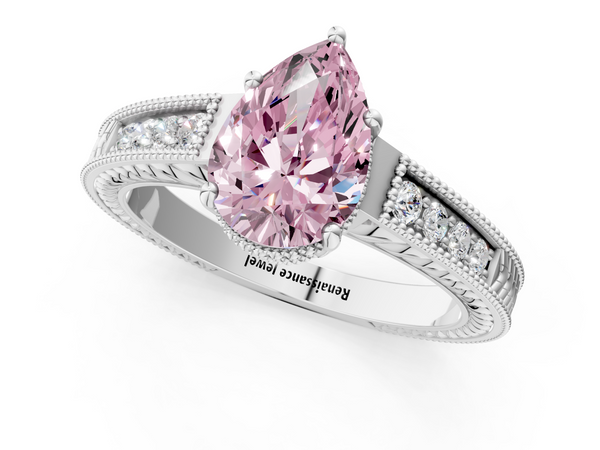 White gold Fancy Pink Pear Cut Diamond Engagement Ring with Milgrain Channel Set Band and Prong Setting