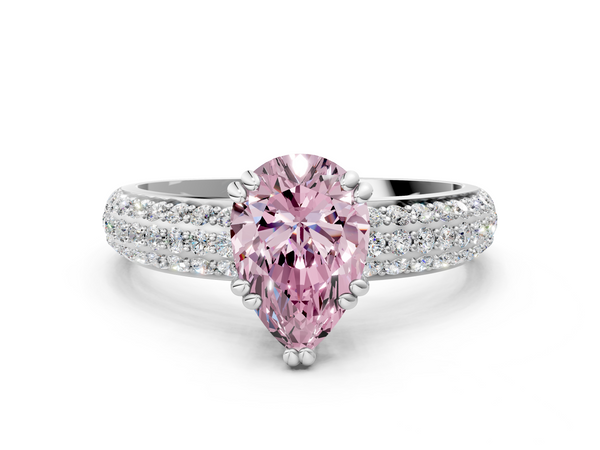 White gold Fancy Pink Pear  Cut Pave Diamond Engagement Ring with Channel Set Band and Four-Prong Setting