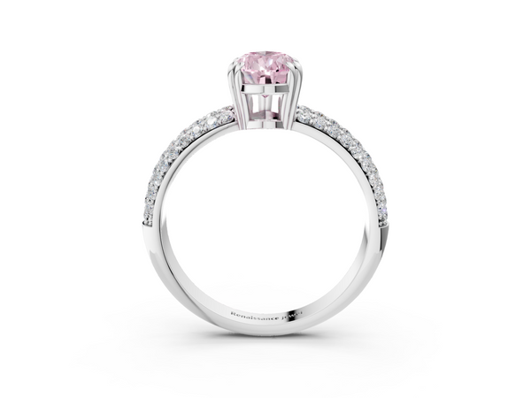 White gold Fancy Pink Pear  Cut Pave Diamond Engagement Ring with Channel Set Band and Four-Prong Setting