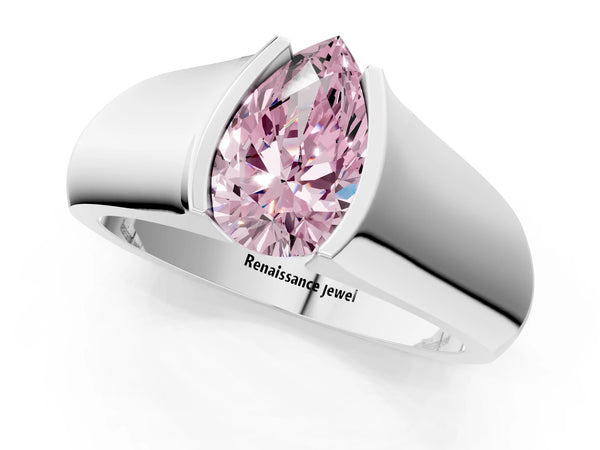 White gold Fancy Pink Pear Cut Solitaire Bezel Set Diamond Ring with Wide Band