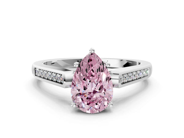 Platinum Fancy Pink Pear Cut Solitaire Cathedral Diamond Engagement Ring with Channel-Set Band and Four-Prong Setting