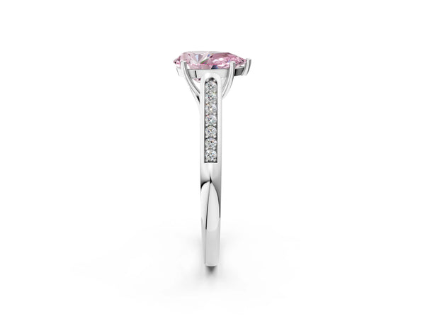 Platinum Fancy Pink Pear Cut Solitaire Cathedral Diamond Engagement Ring with Channel-Set Band and Four-Prong Setting
