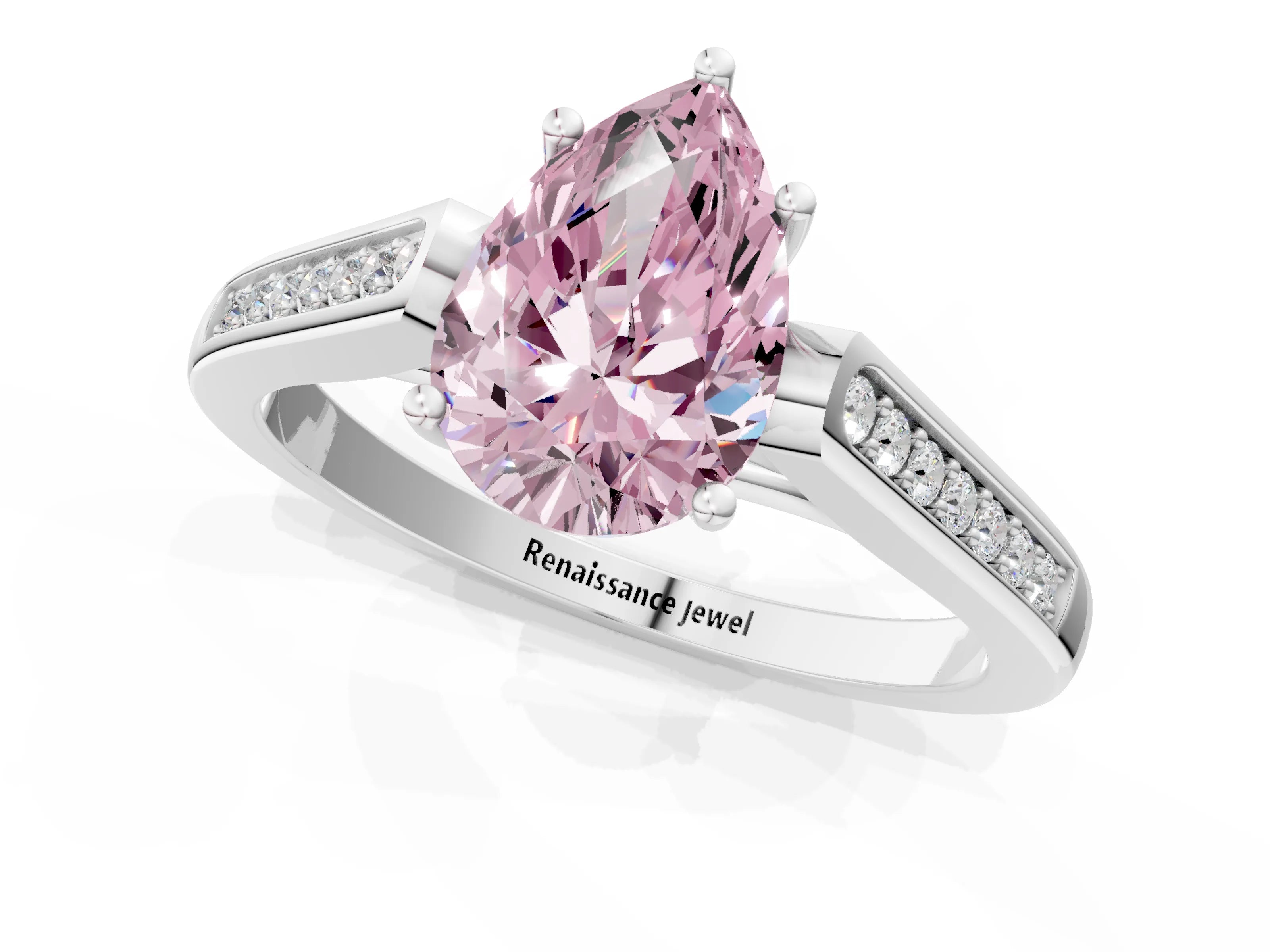 White gold Fancy Pink Pear Cut Solitaire Cathedral Diamond Engagement Ring with Channel-Set Band and Four-Prong Setting_4