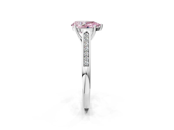 Platinum Fancy Pink Pear Cut Solitaire Cathedral Diamond Engagement Ring with Channel-Set Band and Four-Prong Setting