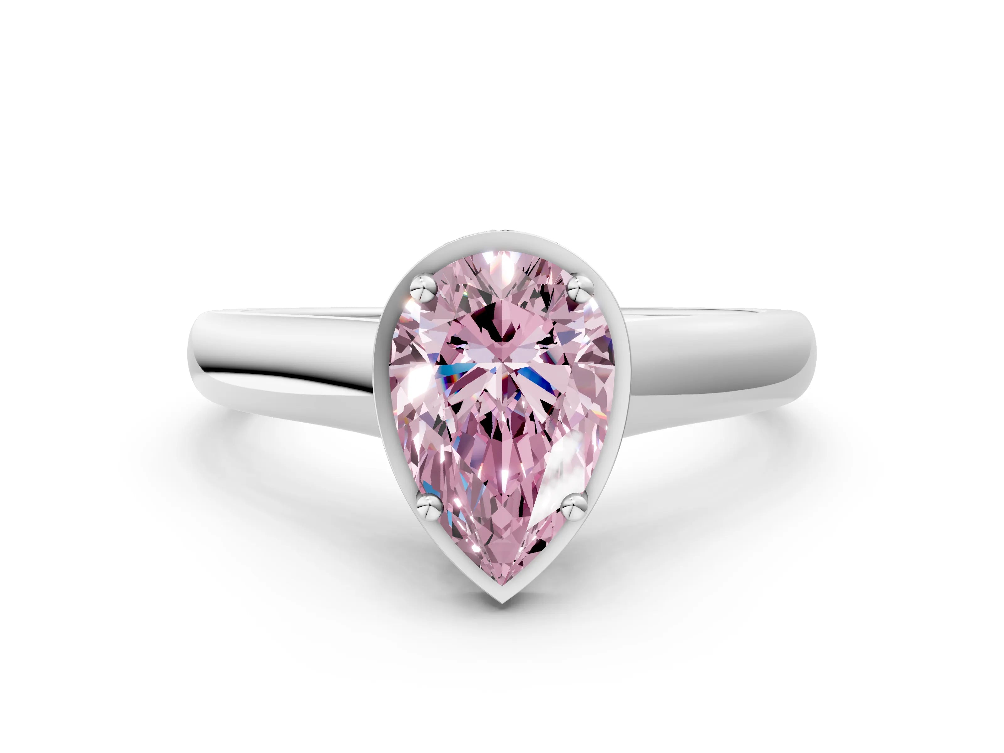 White gold Fancy Pink Pear Cut Solitaire Diamond Engagement Ring with Four-Prong Setting and Tapered Band