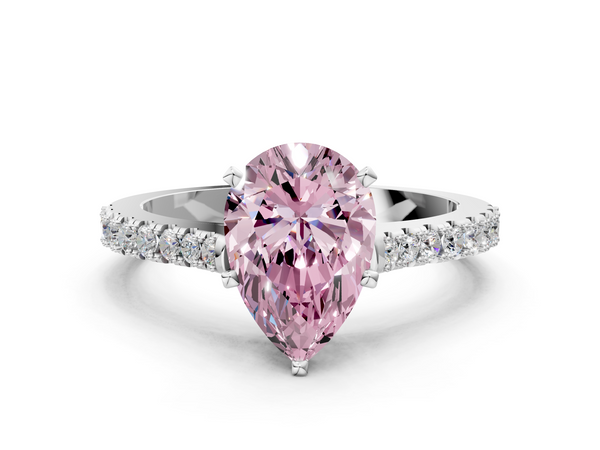 White gold Fancy Pink Pear  Cut Solitaire Diamond Engagement Ring with Pave Band and Four-Prong Setting
