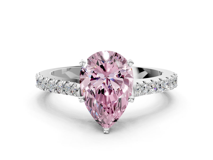 White gold Fancy Pink Pear  Cut Solitaire Diamond Engagement Ring with Pave Band and Four-Prong Setting