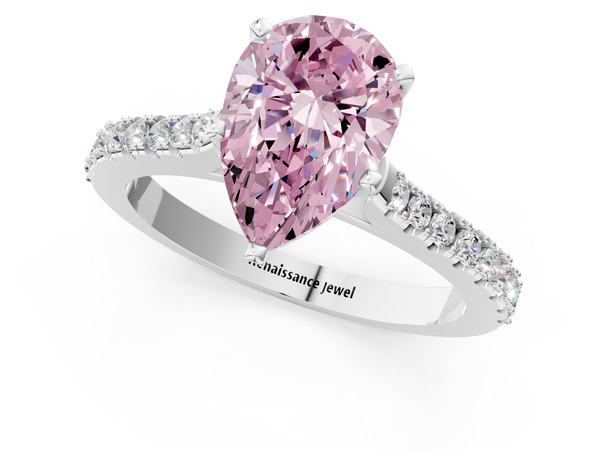 White gold Fancy Pink Pear  Cut Solitaire Diamond Engagement Ring with Pave Band and Four-Prong Setting