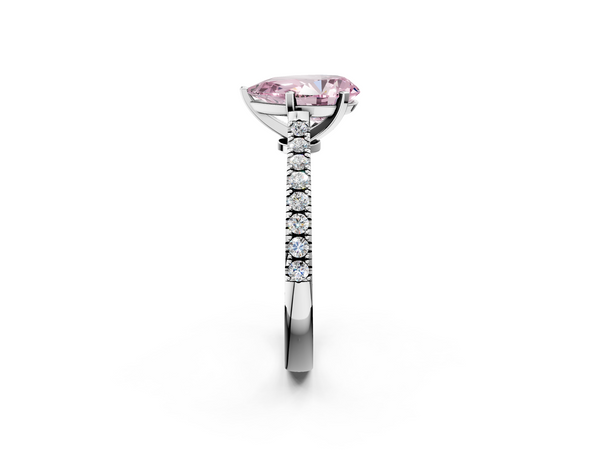 White gold Fancy Pink Pear  Cut Solitaire Diamond Engagement Ring with Pave Band and Four-Prong Setting