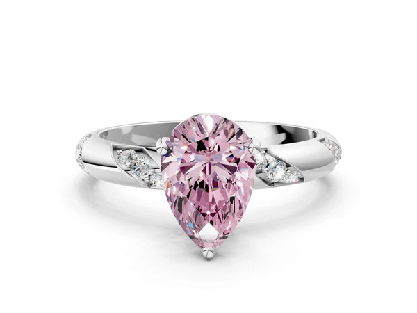White gold Fancy Pink Pear Cut Solitaire Diamond Engagement Ring with Twisted Pave Band and Four-Prong Setting
