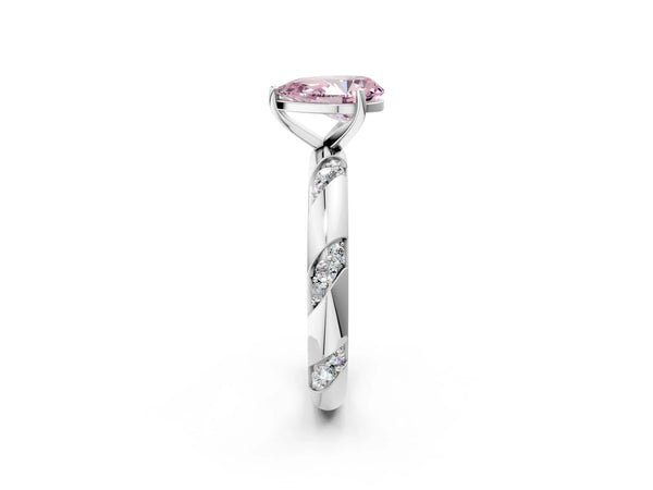 White gold Fancy Pink Pear Cut Solitaire Diamond Engagement Ring with Twisted Pave Band and Four-Prong Setting