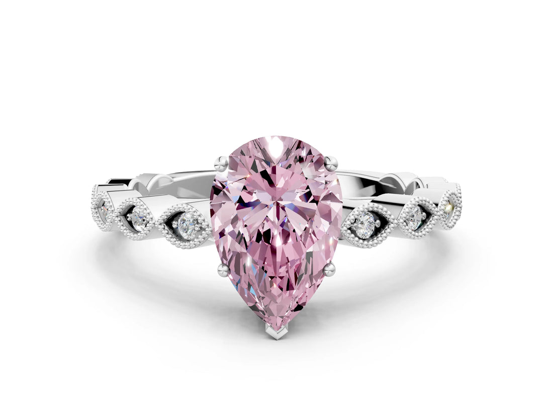 White gold Fancy Pink Pear Cut Solitaire Diamond Ring with Infinity Twist Band and Four-Prong Setting