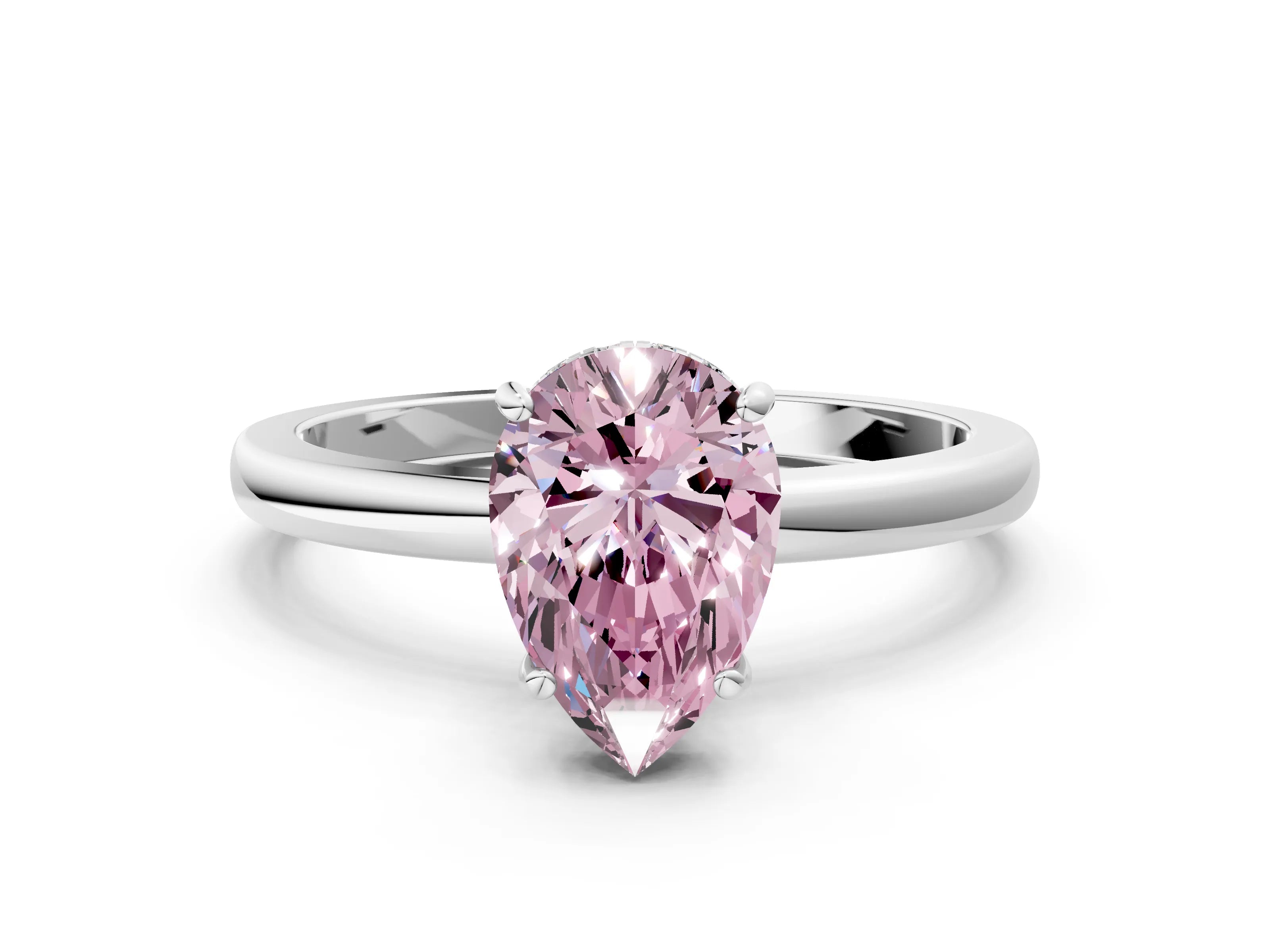 White gold Fancy Pink Pear Cut Solitaire Diamond Ring with Prong Setting and Plain Band