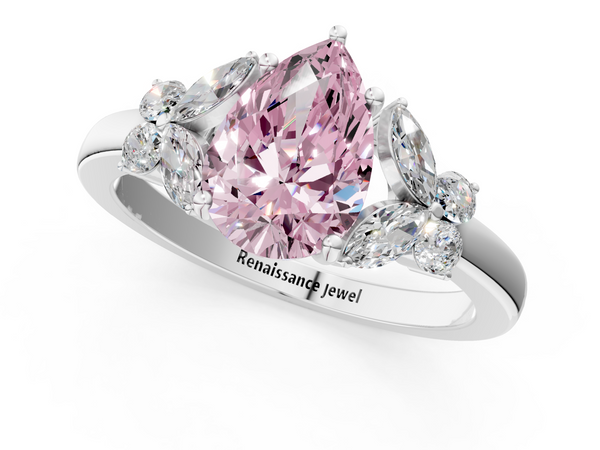 Platinum Fancy Pink Pear  Cut Solitaire Floral Diamond Ring with Four-Prong Setting