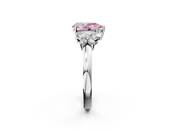 Platinum Fancy Pink Pear  Cut Solitaire Floral Diamond Ring with Four-Prong Setting