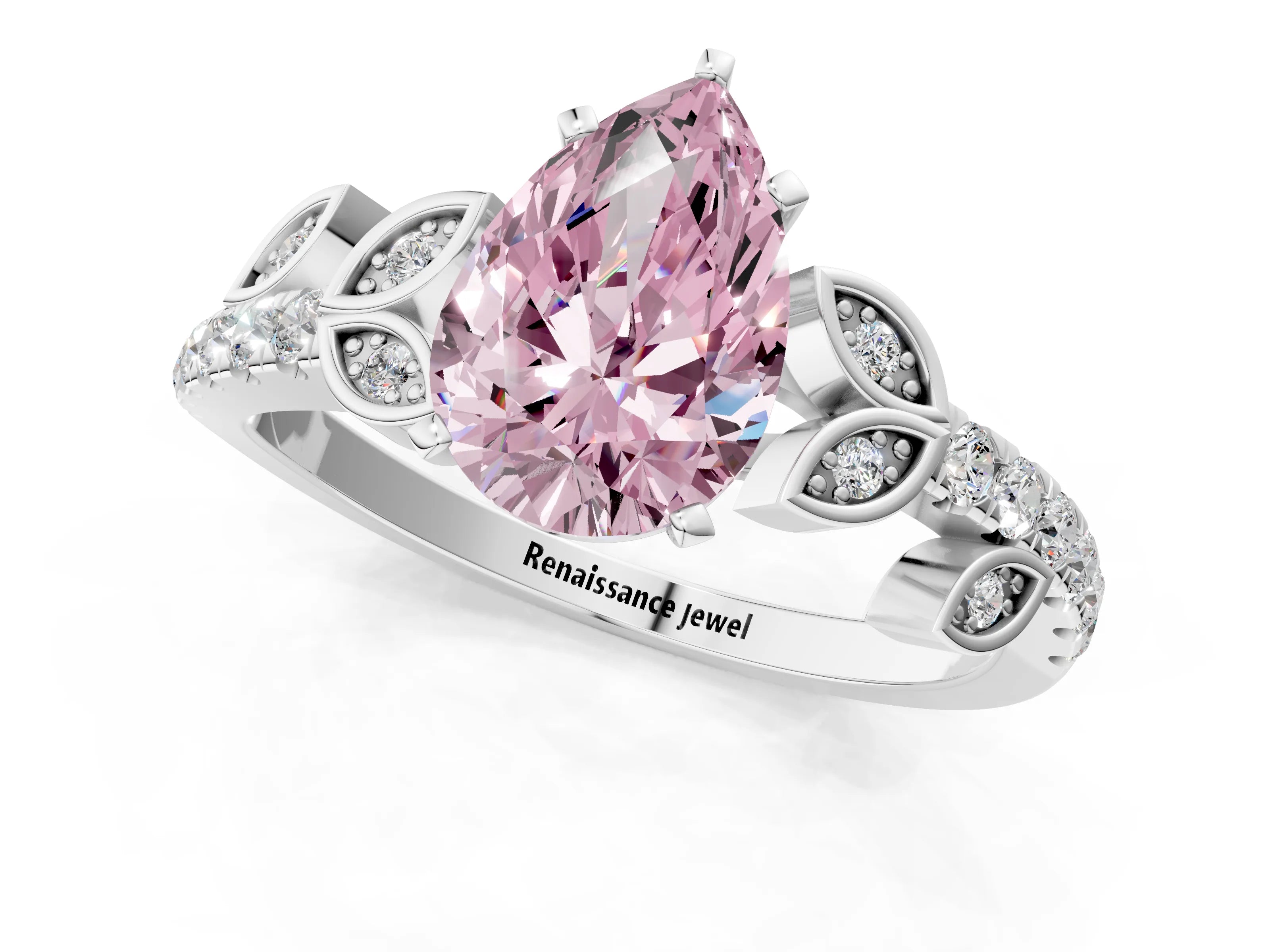 White gold Fancy Pink Pear Cut Solitaire Leaf-Inspired Diamond Ring with Pavé Band and Four-Prong Setting_13