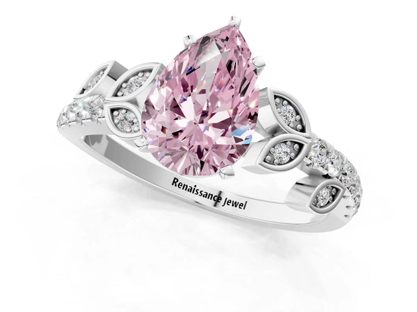 Platinum Fancy Pink Pear Cut Solitaire Leaf-Inspired Diamond Ring with Pavé Band and Four-Prong Setting
