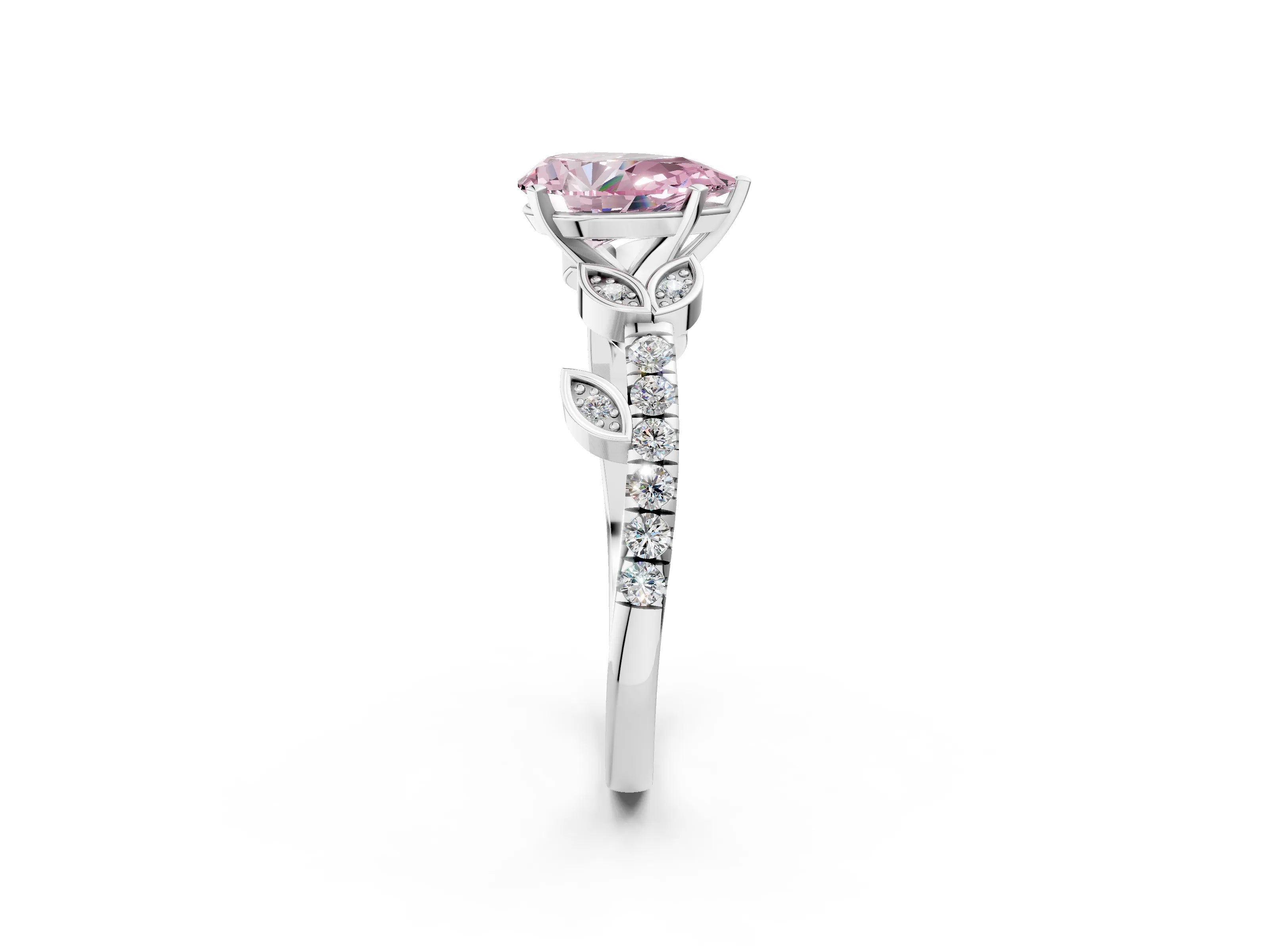 White gold Fancy Pink Pear Cut Solitaire Leaf-Inspired Diamond Ring with Pavé Band and Four-Prong Setting_26