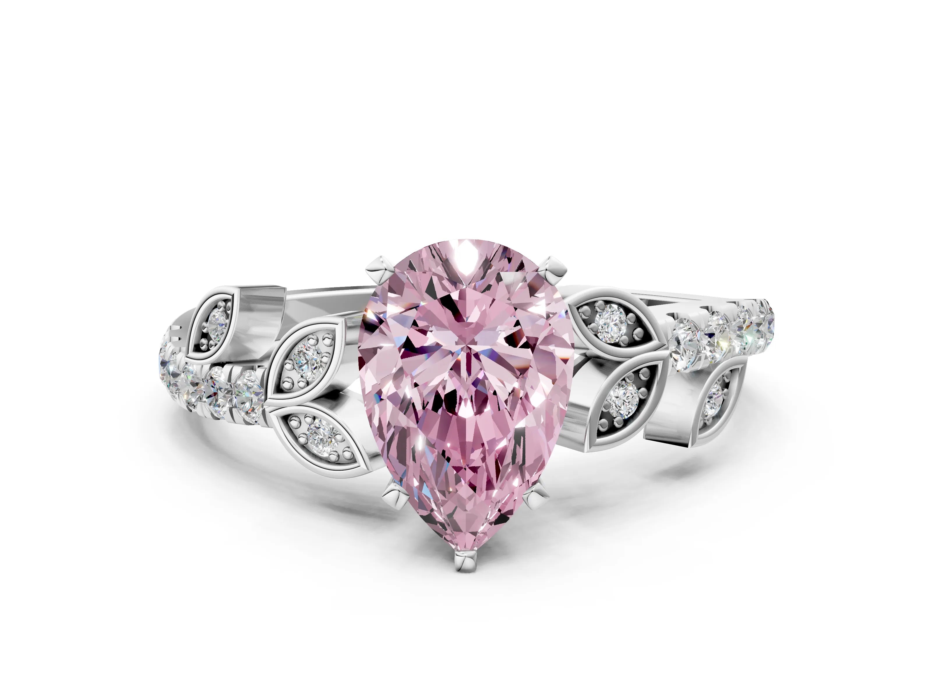 White gold Fancy Pink Pear Cut Solitaire Leaf-Inspired Diamond Ring with Pavé Band and Four-Prong Setting_32