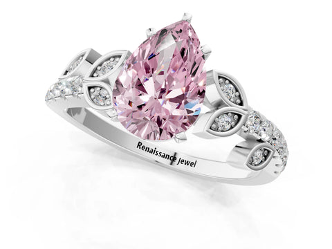 White gold Fancy Pink Pear Cut Solitaire Leaf-Inspired Diamond Ring with Pavé Band and Four-Prong Setting_33