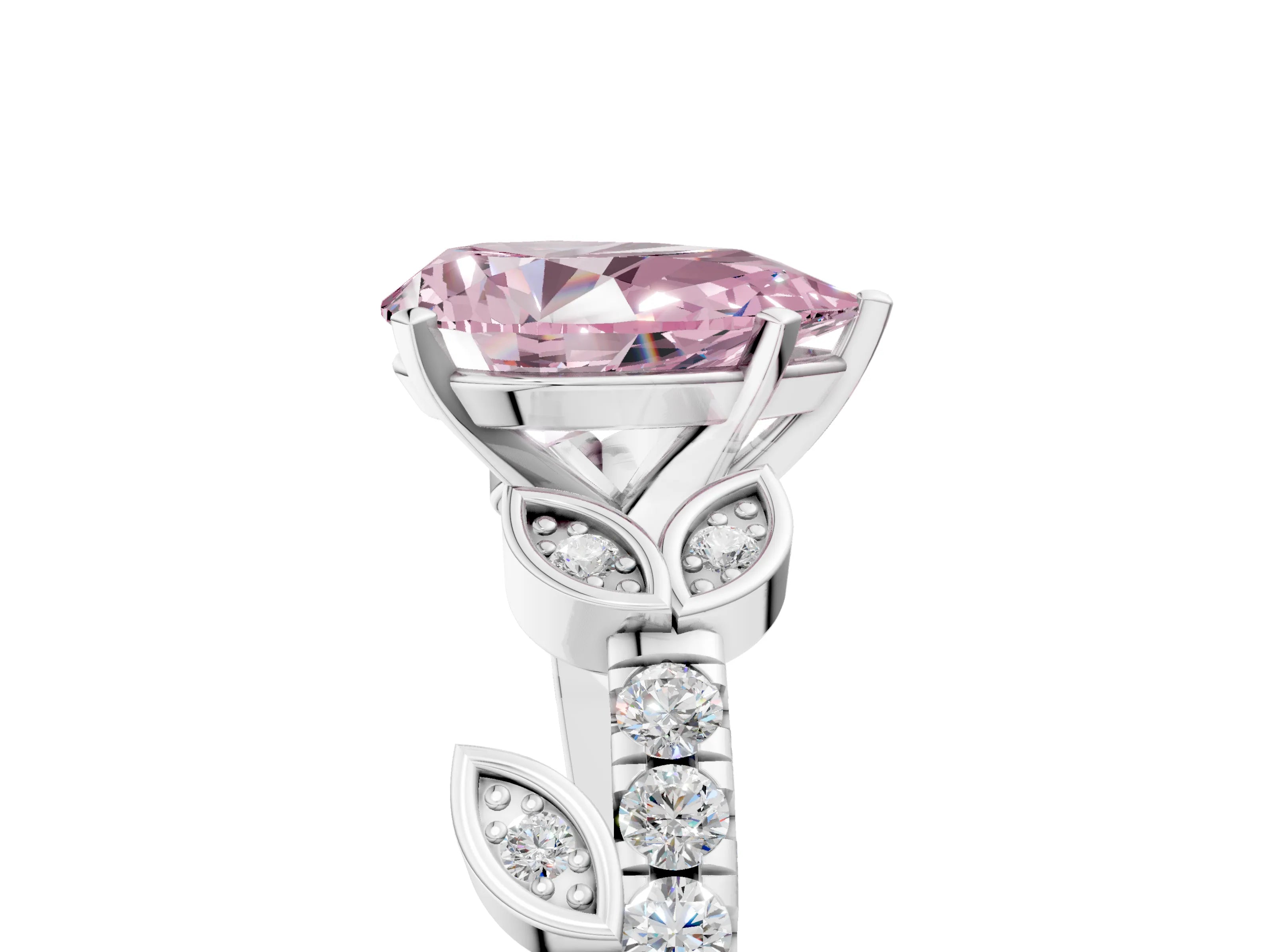 White gold Fancy Pink Pear Cut Solitaire Leaf-Inspired Diamond Ring with Pavé Band and Four-Prong Setting_37