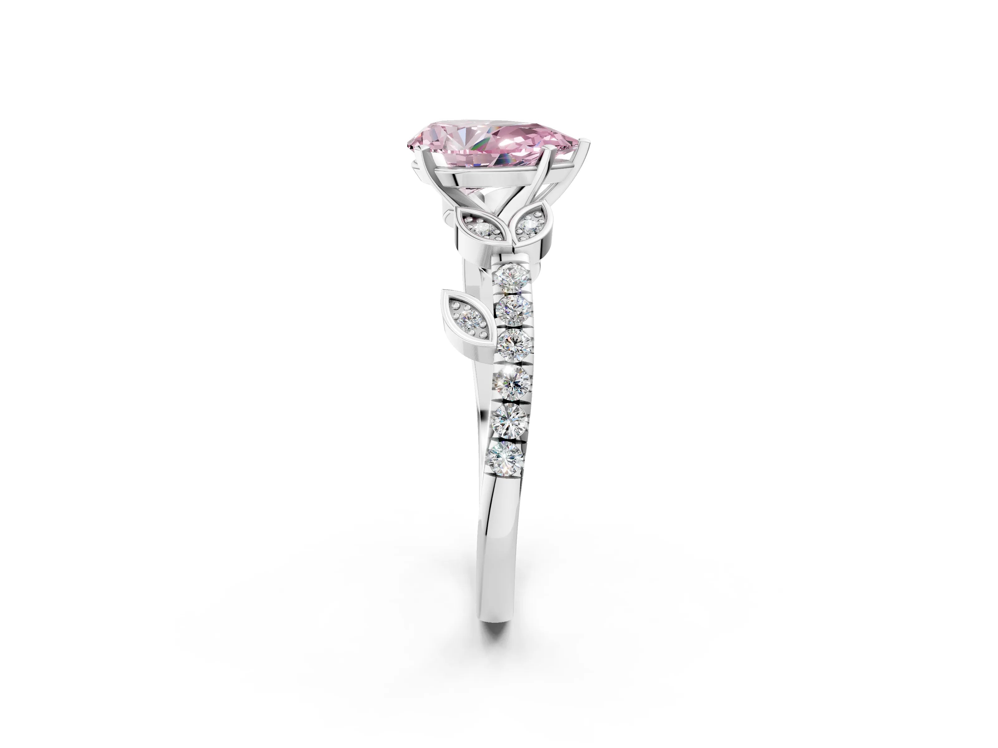 White gold Fancy Pink Pear Cut Solitaire Leaf-Inspired Diamond Ring with Pavé Band and Four-Prong Setting_38