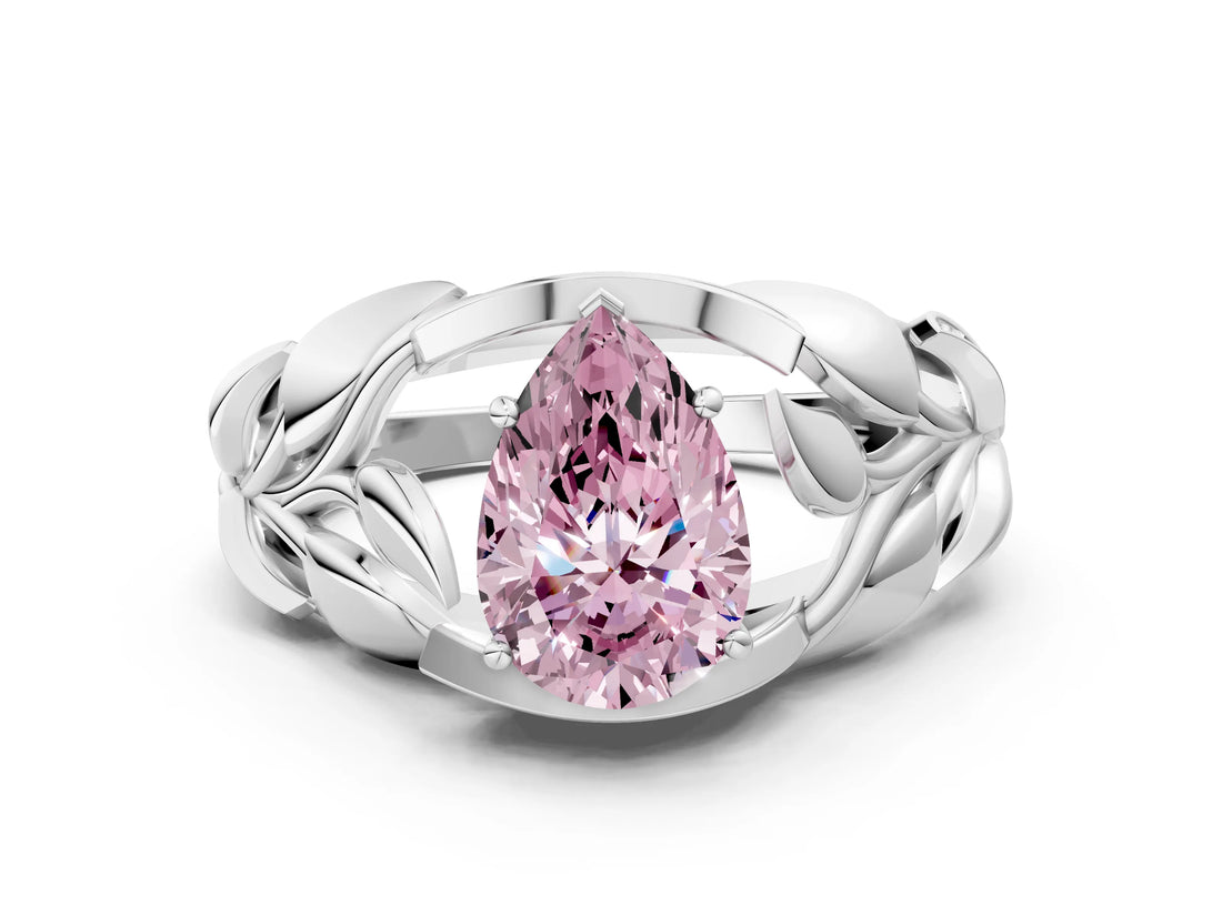 White gold Fancy Pink Pear Cut Solitaire Leaf-Inspired Engagement Ring with Prong Setting_1